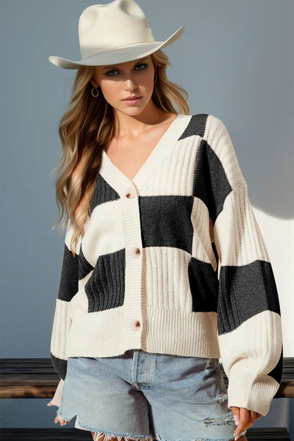 Double Take Full Size Checkered Dropped Shoulder Cardigan - L’atelier Sublime