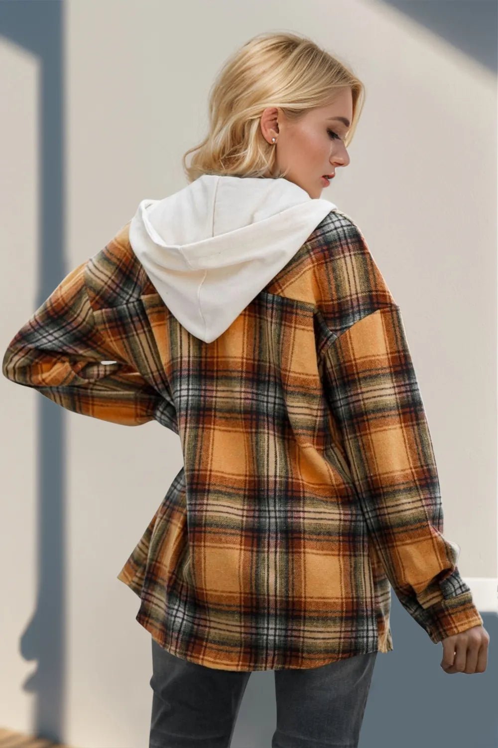 Double Take Drawstring Plaid Long Sleeve Hooded Shacket - L’atelier Sublime