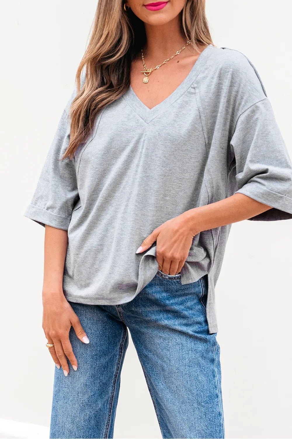 High Raglan Half Sleeve V Neck Oversized T Shirt - L’atelier Sublime