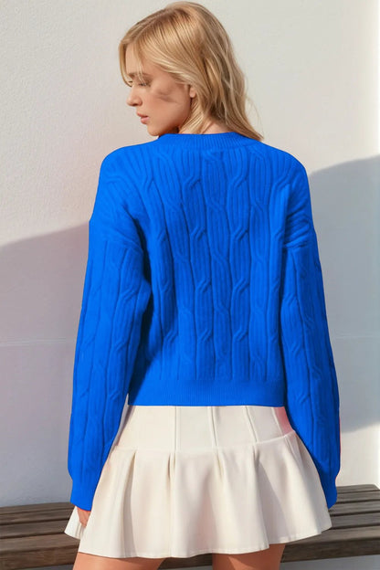 Double Take Full Size Bow Cable - Knit Round Neck Sweater - L’atelier Sublime