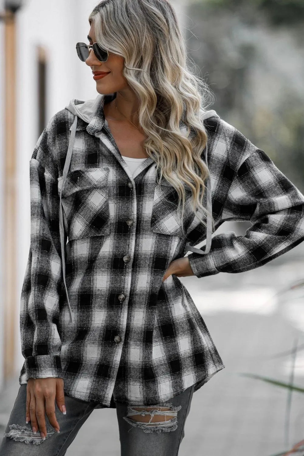 Double Take Drawstring Plaid Long Sleeve Hooded Shacket - L’atelier Sublime