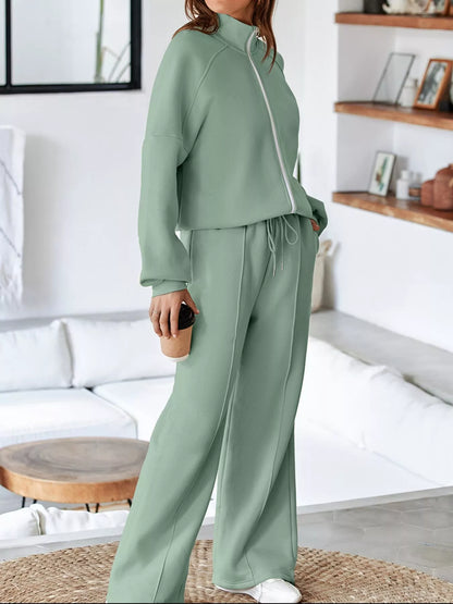 Drop Shoulder Zip Up Jacket and Drawstring Pants Active 2pcs Set - L’atelier Sublime