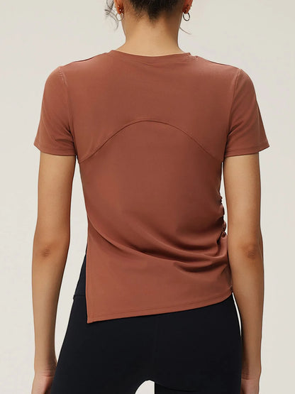 Full Size Slit Round Neck Short Sleeve Active T-Shirt Plus Size - L’atelier Sublime