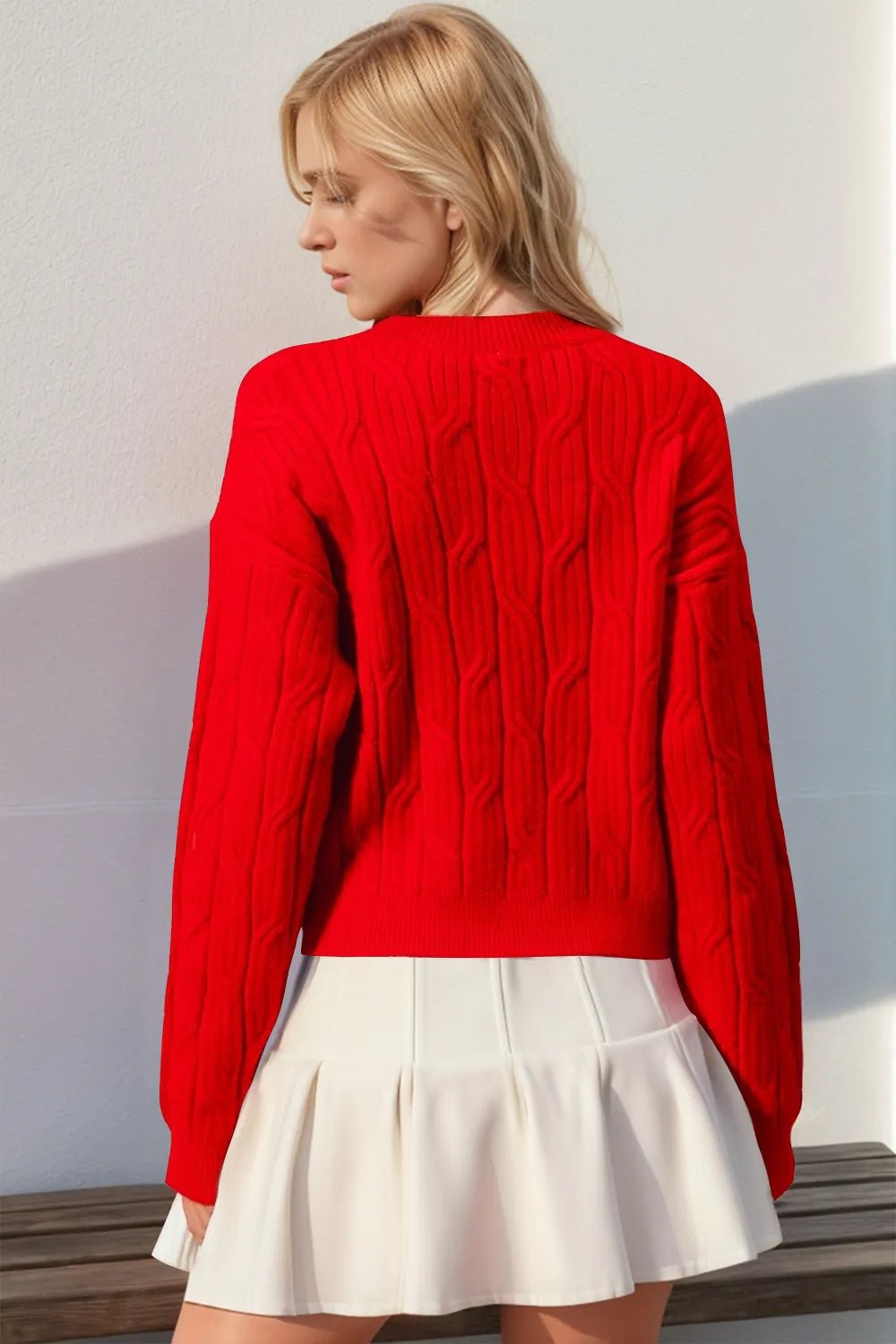 Double Take Full Size Bow Cable - Knit Round Neck Sweater - L’atelier Sublime