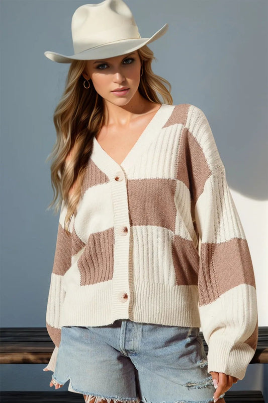 Double Take Full Size Checkered Dropped Shoulder Cardigan - L’atelier Sublime