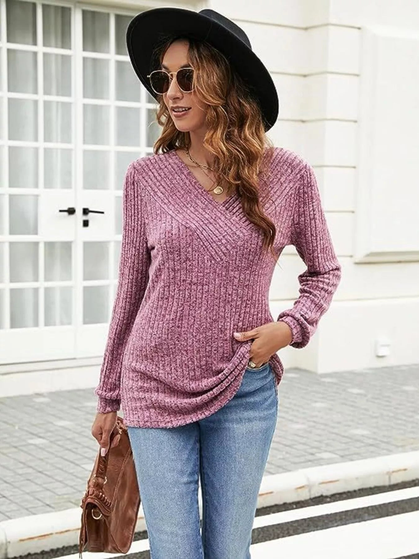 V - Neck Ribbed Long Sleeve Knit Top - L’atelier Sublime