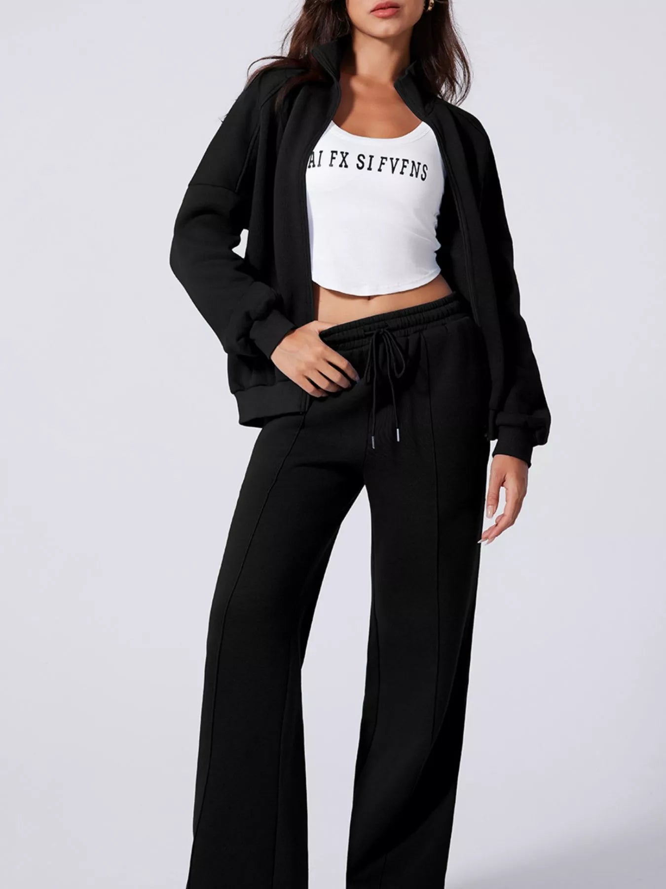 Drop Shoulder Zip Up Jacket and Drawstring Pants Active 2pcs Set - L’atelier Sublime
