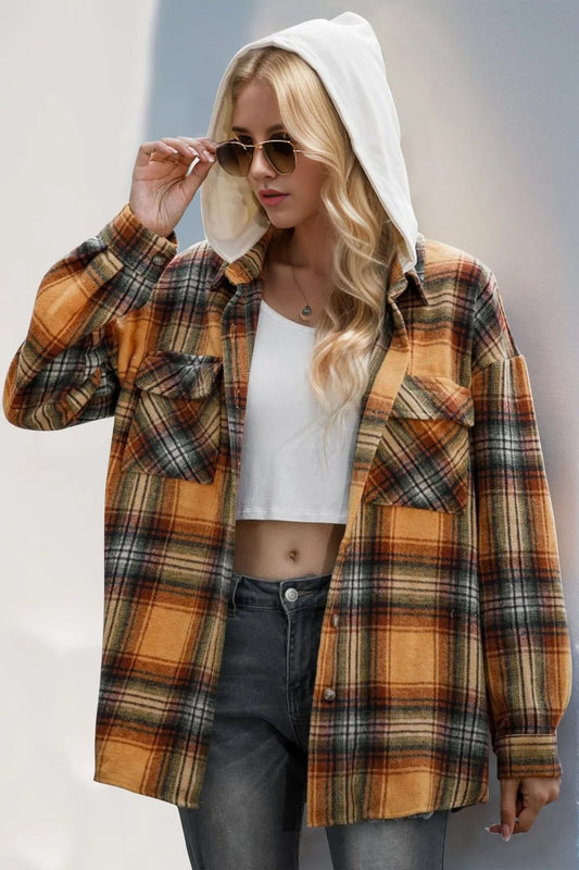 Double Take Drawstring Plaid Long Sleeve Hooded Shacket - L’atelier Sublime