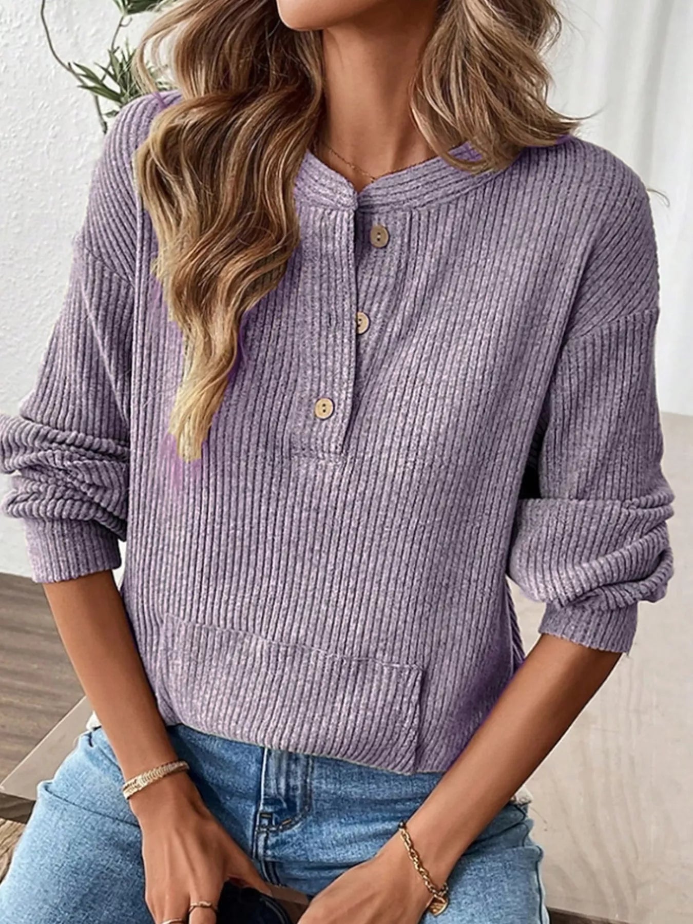 Ribbed Button Detail Long Sleeve T-Shirt - L’atelier Sublime