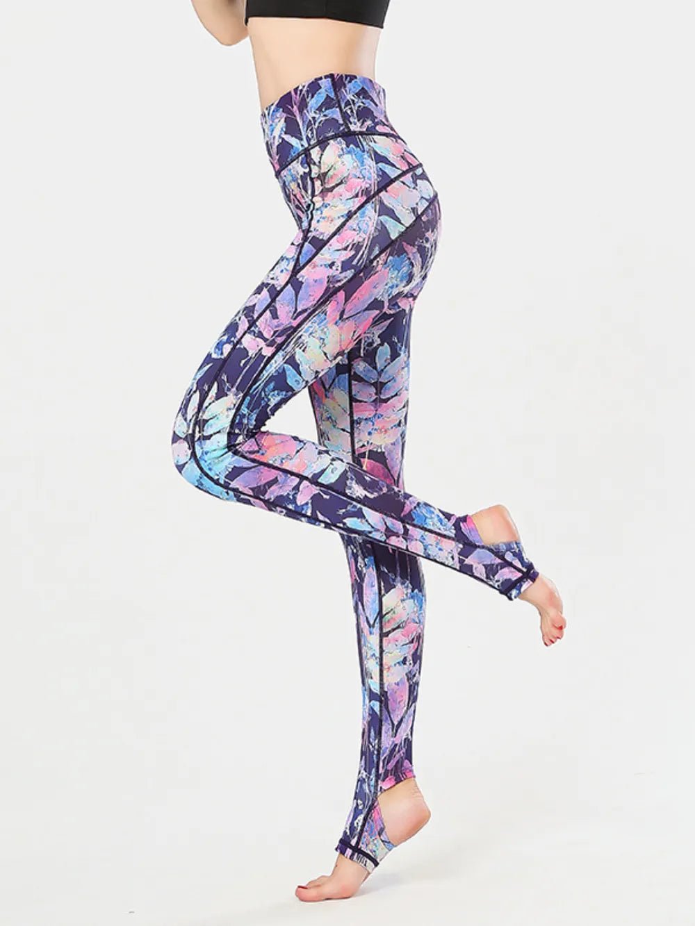 Printed Wide Waistband Active Leggings with Stirrups - L’atelier Sublime