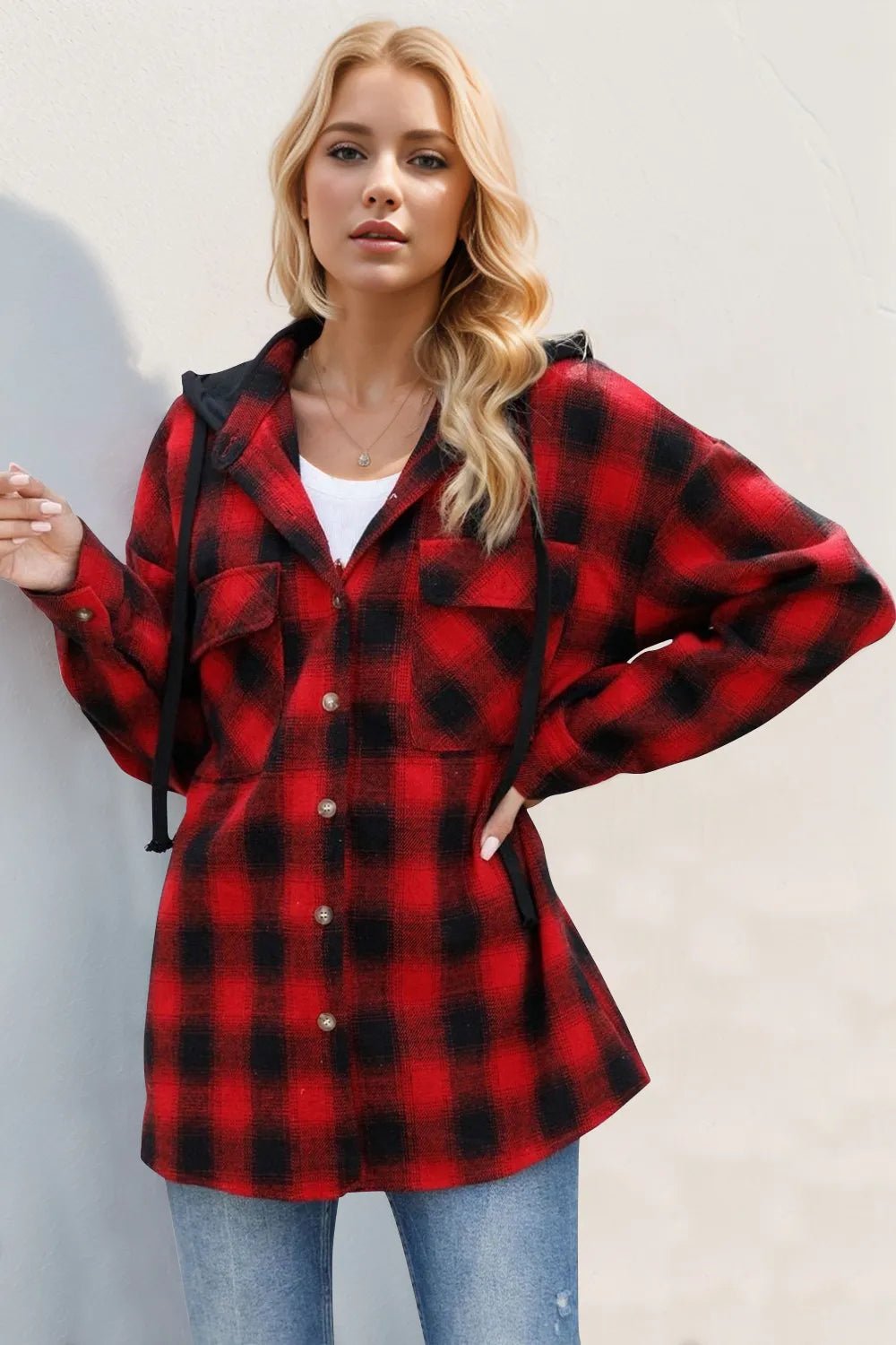 Double Take Drawstring Plaid Long Sleeve Hooded Shacket - L’atelier Sublime