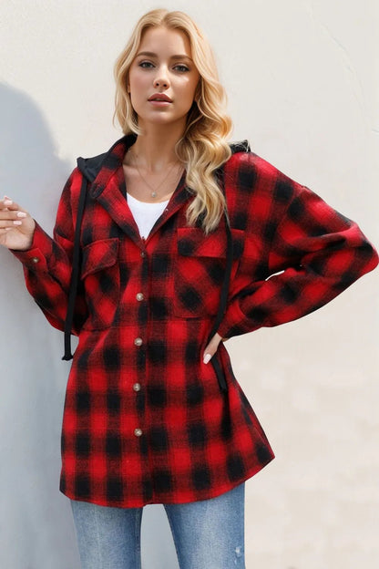 Double Take Drawstring Plaid Long Sleeve Hooded Shacket - L’atelier Sublime