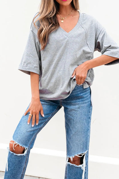 High Raglan Half Sleeve V Neck Oversized T Shirt - L’atelier Sublime
