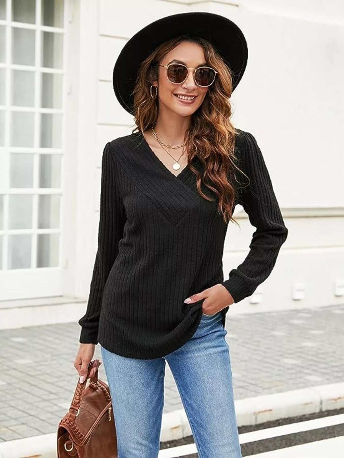 V - Neck Ribbed Long Sleeve Knit Top - L’atelier Sublime