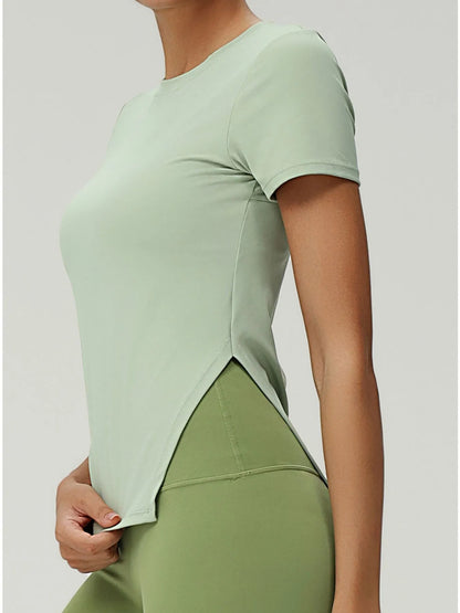 Full Size Slit Round Neck Short Sleeve Active T-Shirt Plus Size - L’atelier Sublime