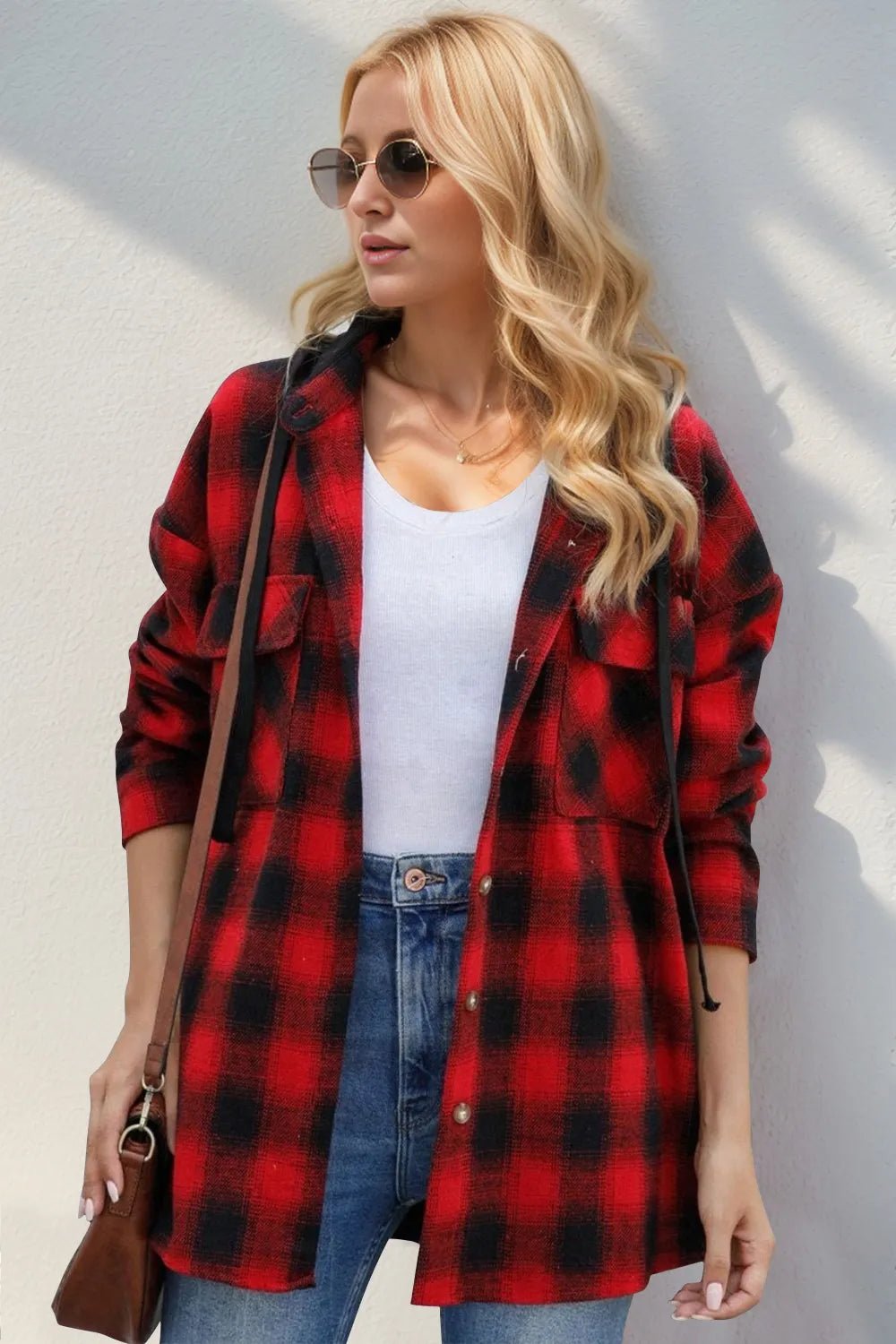 Double Take Drawstring Plaid Long Sleeve Hooded Shacket - L’atelier Sublime