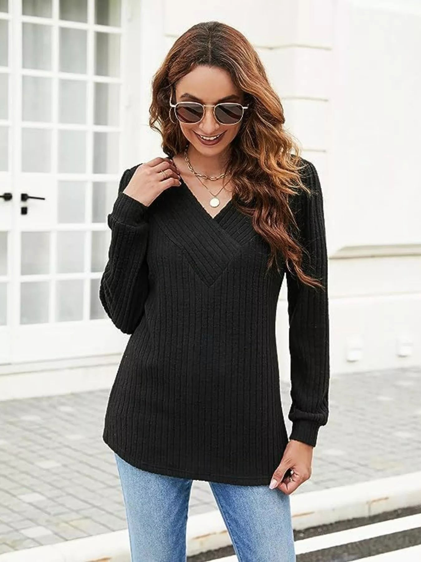V - Neck Ribbed Long Sleeve Knit Top - L’atelier Sublime
