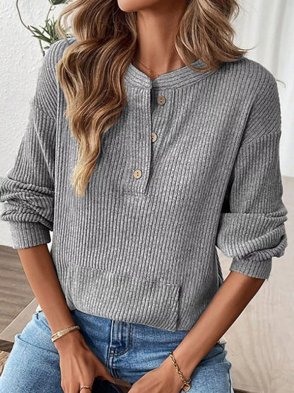Ribbed Button Detail Long Sleeve T-Shirt - L’atelier Sublime